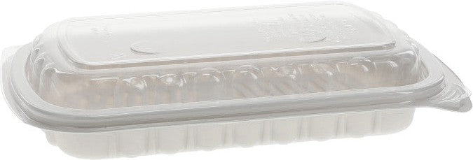 Pactiv Evergreen - 10" x 7.1" x 2.1" White/Clear Half Slab MFPP Rib Container with Vented OPS Dome Lid, 90 Count - 0CNC1070DZYW