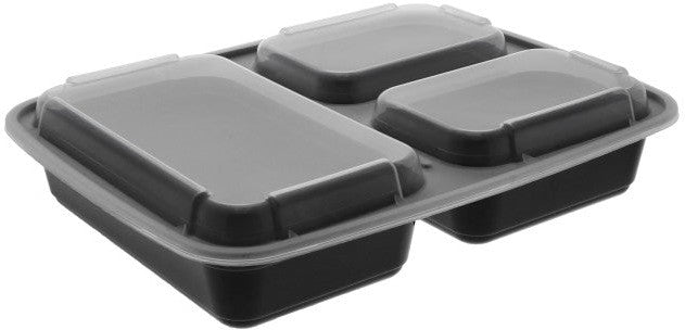 Pactiv Evergreen - VERSAtainer 32 Oz Black/Clear 3-Compartment Rectangular PP Container and Lid, Pack of 150cs - NC333B