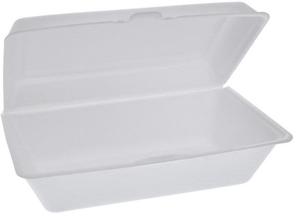 Pactiv Evergreen - 9 x 6 x 3.3" White PS Foam Hinged Lid Rectangular Container, 200 Count - YTH100890000