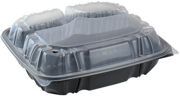 Pactiv Evergreen - 10.5 x 9.5 x 3.1" Black/Clear Vented Dual Color 3-Compartment PP Hinged Lid Container with 3-Compartment Lid, 132 Count - DC109330B00