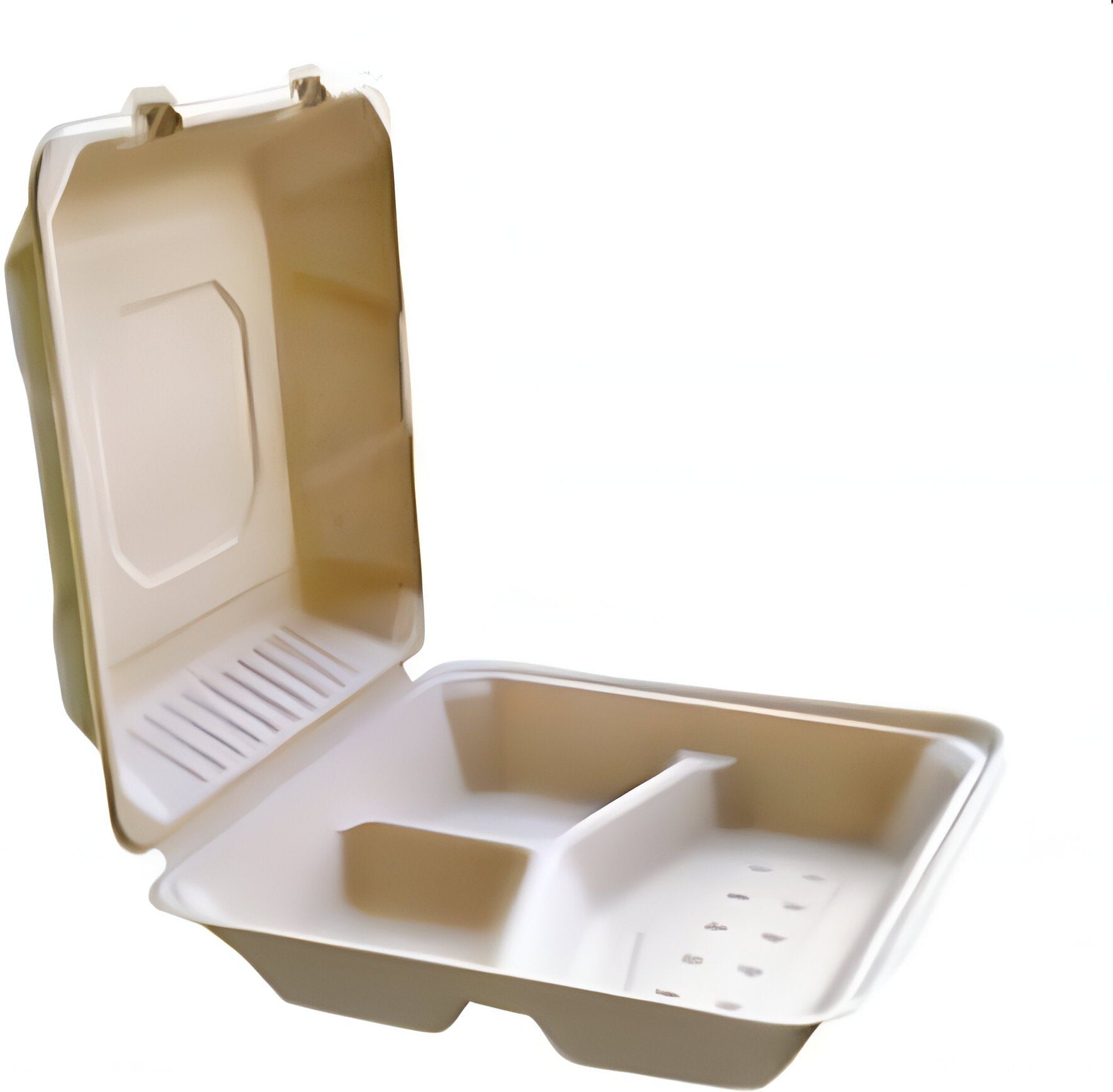 CKF Inc. - 9" x 9" x 3.2", FSTP6A3C 3 Compartment Bagasse Hinged Container, 200/cs - 37717