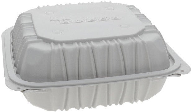 Pactiv Evergreen - 8.5 x 8.6 x 3.1" Vented MFPP Hinged Lid Container, White, 146 Count - YCNW0851