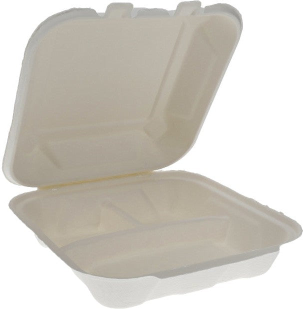 Pactiv Evergreen - 8" x 8" x 3" Earth Choice Bagasse Hinged Lid Takeout Container Natural 3 Compartment , 150/Cs - YMCH08030001