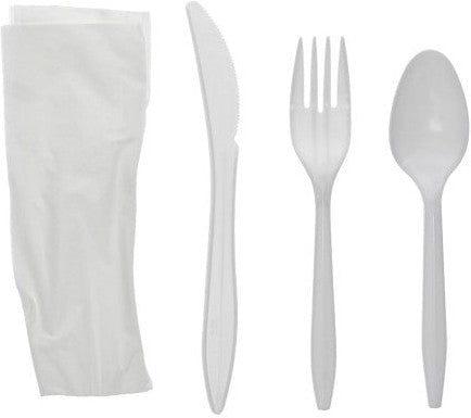 Pactiv Evergreen - Fieldware Medium Weight Wrapped White Plastic Cutlery Set (Fork, Spoon, Knife, Napkin), 250 Count - FKFSKWNCH