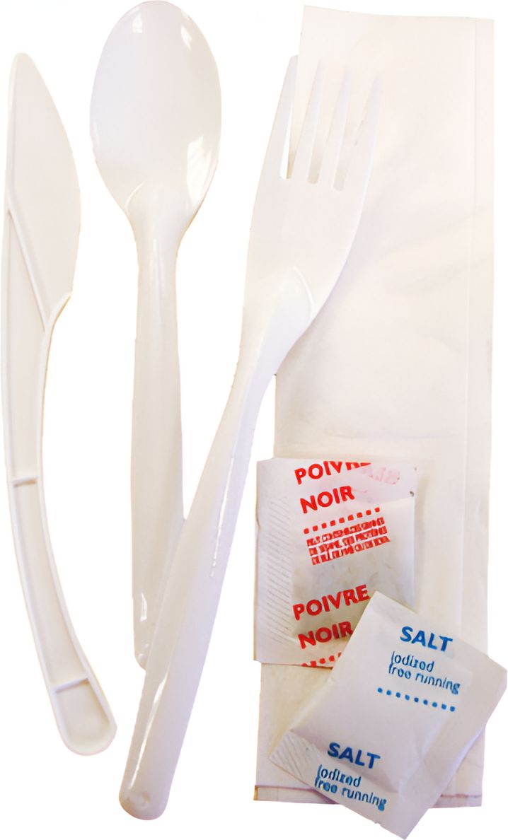 Sanfacon - 6 Pc Cutlery Kit, Knife, Fork, Soup Spoon, Salt, Pepper, Napkin, 250/Cs - 826386