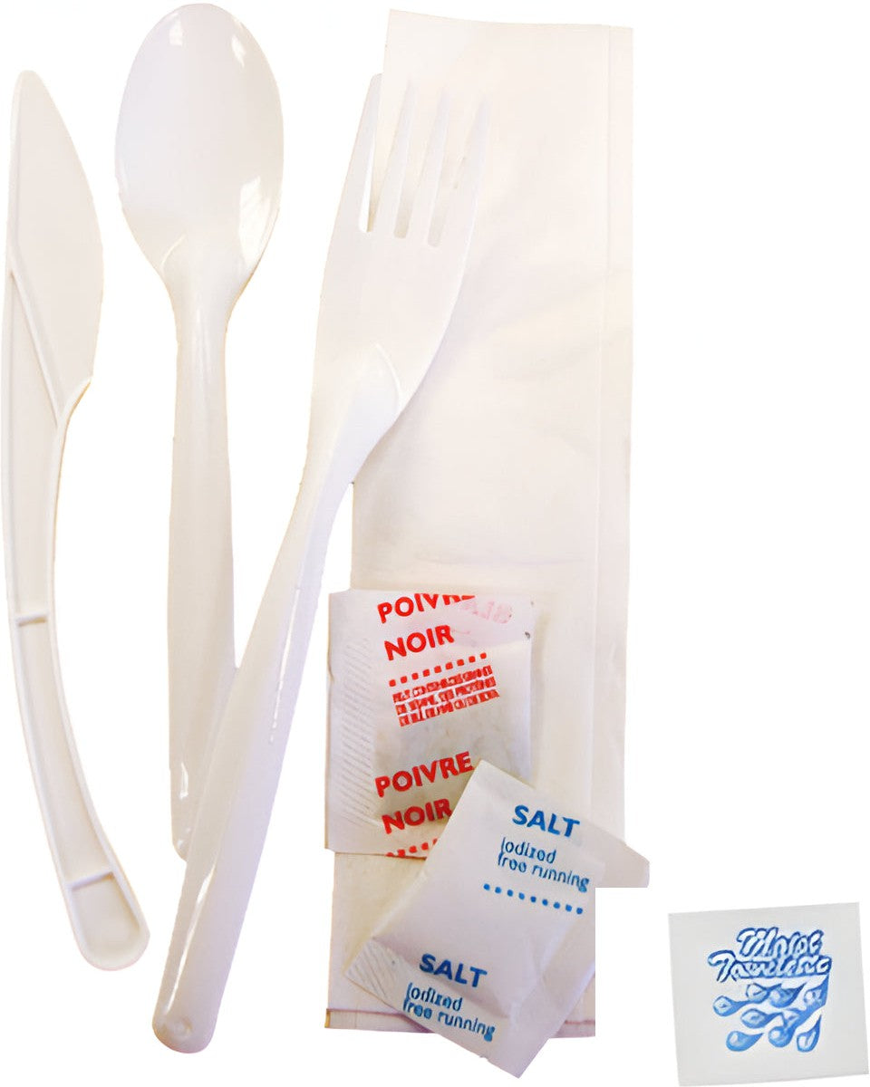 Sanfacon - 7 Pc Cutlery Kit Knife, Fork, Teaspoon, Salt, Pepper, Napkin, Moist Towelette, 500/Cs - 828388