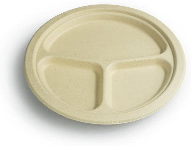 Dart Container - 9" Natural Paper 3 Compartment Bamboo Plates, 500/Cs - EWPC9
