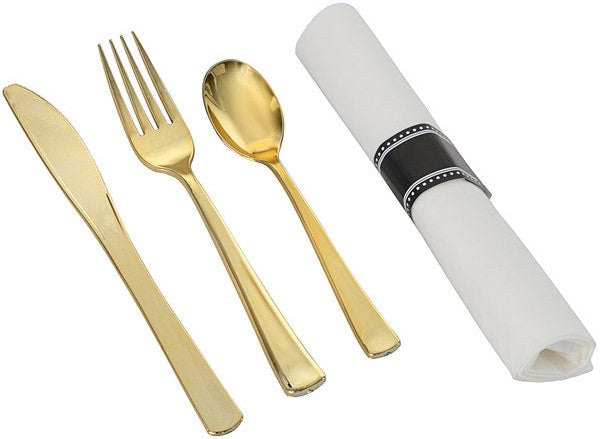 Fineline Settings - Gold Plastic Fork, Spoon, Knife And Napkin Cutlery Set - 7630