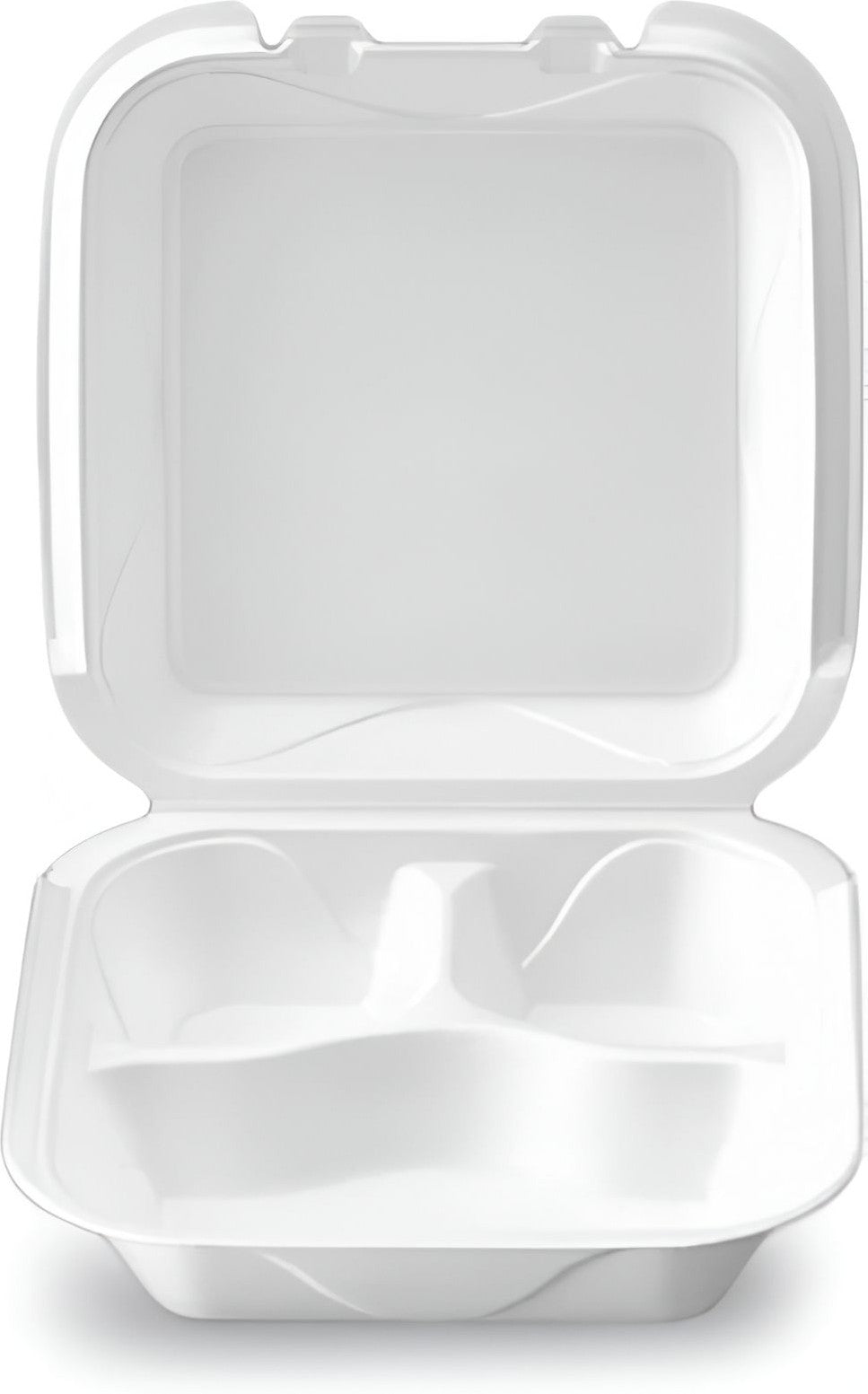 Darnel - 8.4" x 8.4" x 2.8" White Medium Foam 3 Compartment Hinged Container, 200/Cs - DU4053101