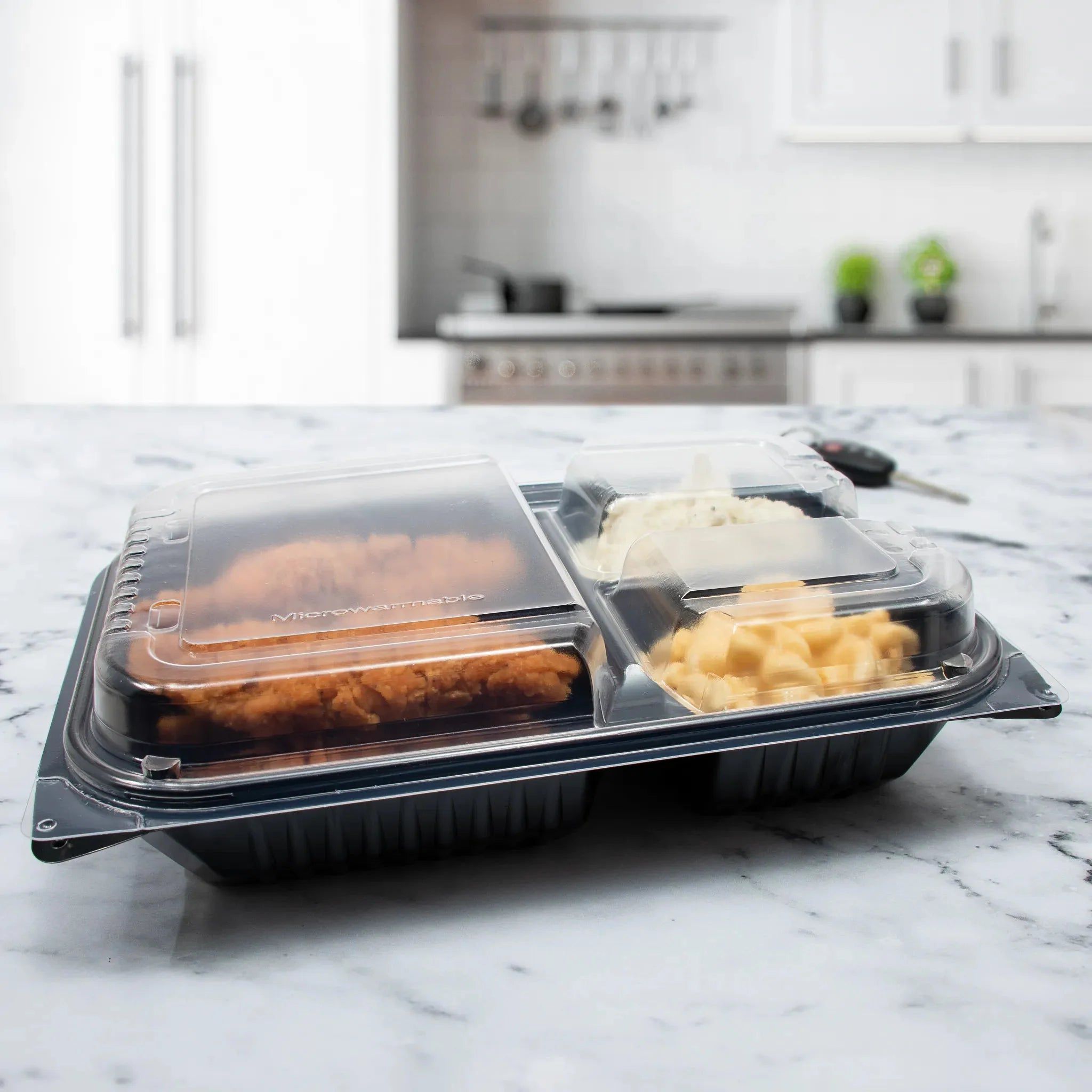 Dart Container - 11.5" x 8" MPS Plastic Black/Clear Hinged Lid 3-Compartment Dinner Box, 100/Cs - 919019-PM94