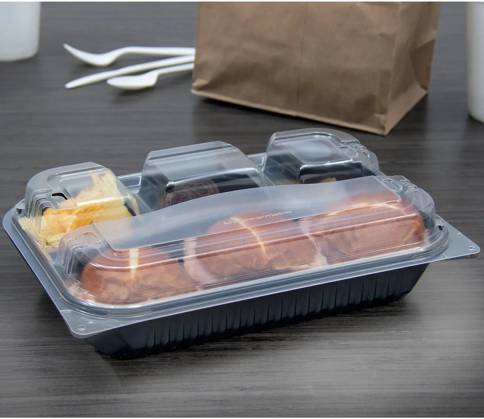 Dart Container - 11.5" x 8" MPS Plastic Black/Clear Hinged Lid 4-Compartment Dinner Box, 100/Cs - 919020-PM94