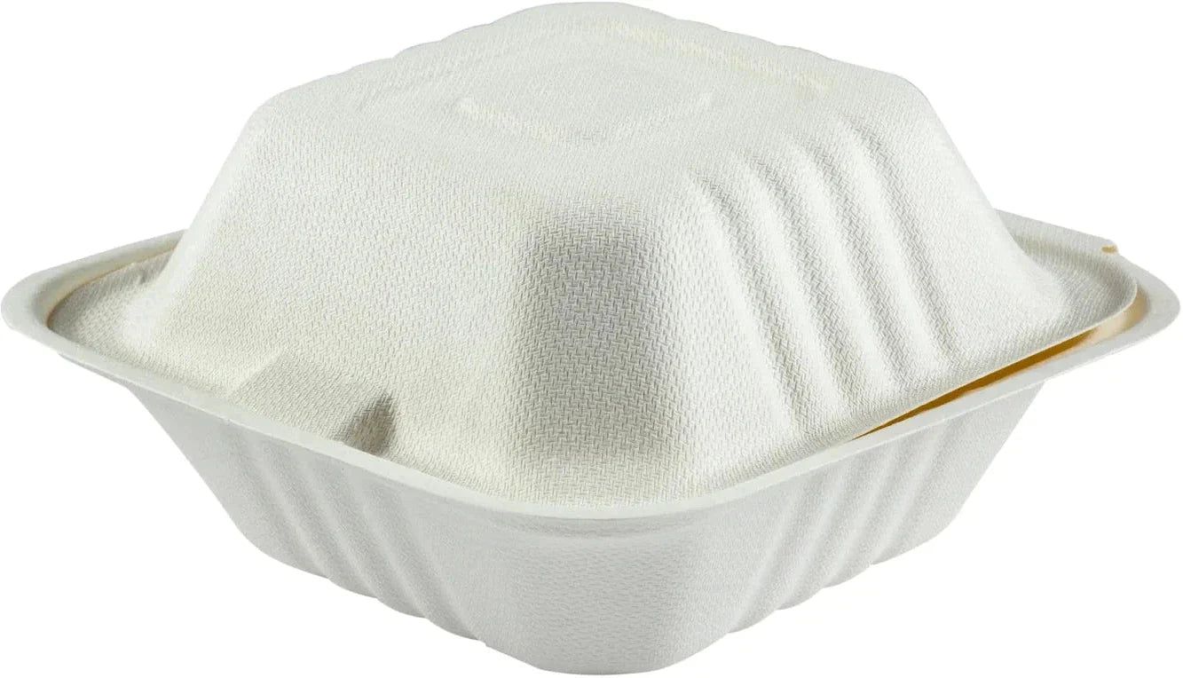 Hy-Pax - 6" X 6" Bagasse Hinged Container,4/125/Pk - HP-BAG-6CLM-C