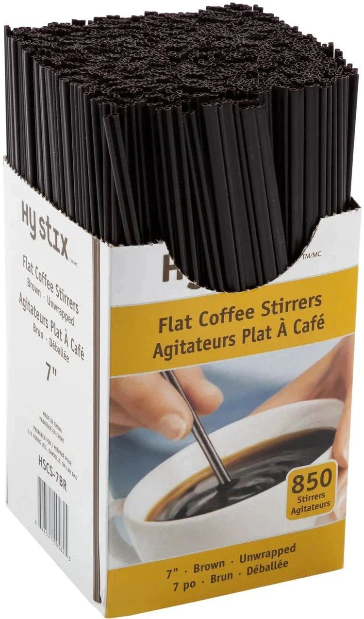 Hy-Stix - 7" Plastic Brown Flat Coffee Stirrer, 850/Box - HSCS-7BR