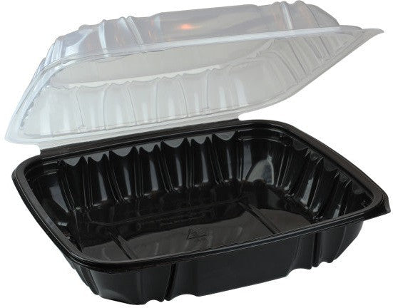 Pactiv Evergreen - 10.5" X 9.5" x 3.1" Black/Clear Vented Dual-Color PP Hinged Lid Container, 132 Count - DC109100B000