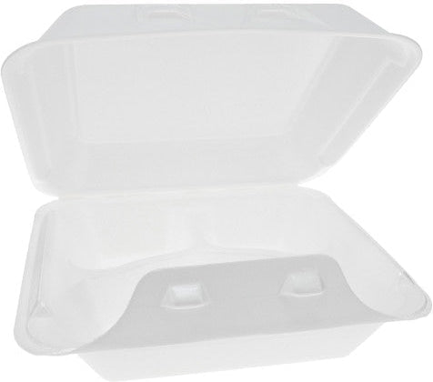 Pactiv Evergreen - 8" x 8.5" x 3", White Foam Medium Hinged-Lid Takeout Container 3-Compartment Smartlock, 150 Per Case - YHLW08030000