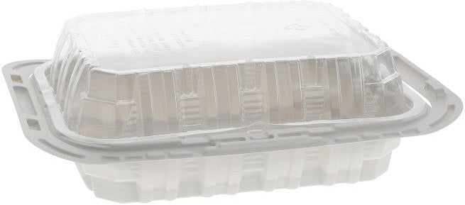 Pactiv Evergreen - White/Clear 9.5" x 8" x 3" 4 Piece MFPP Chicken Barn Container with Vented OPS Dome Lid, 100 Count - YCNC3004000W