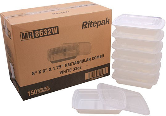 RitePak - 8" X 6" X 1.75" White Rectangle Microwavable Container Combo, 150/cs - MR8632W