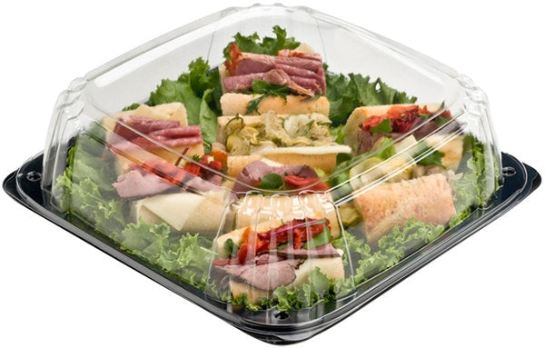 Sabert - 12" UltraStack Black Square Platter with Clear High Dome Lid Combo, 25 Per Case - C9612