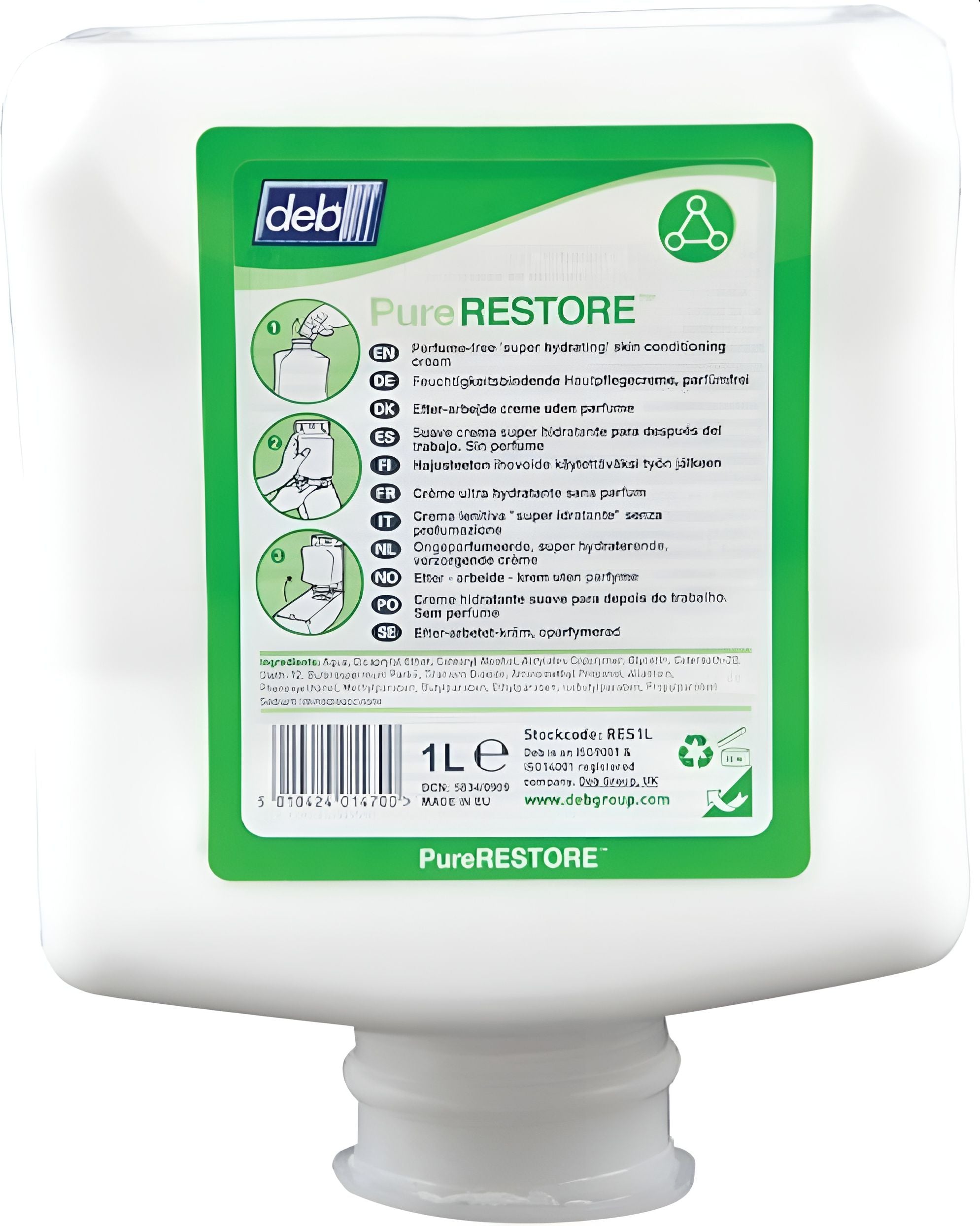 Deb Group - 1 L Pure Restore Hand Cream, 1 Liter/Bottle - RES1L