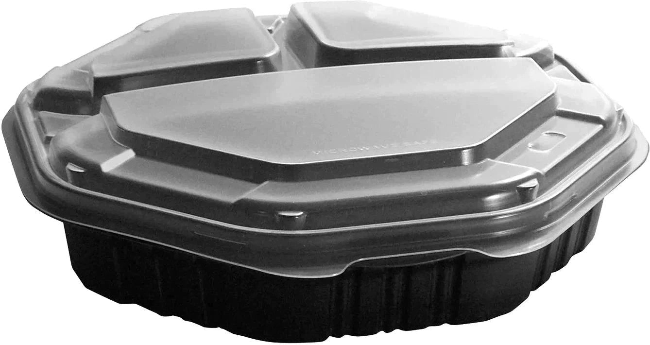 Dart Container - 9" PP Plastic Clear/Black Hinged 3-Compartment Octagon Container, 100/Cs - 864036-PM94