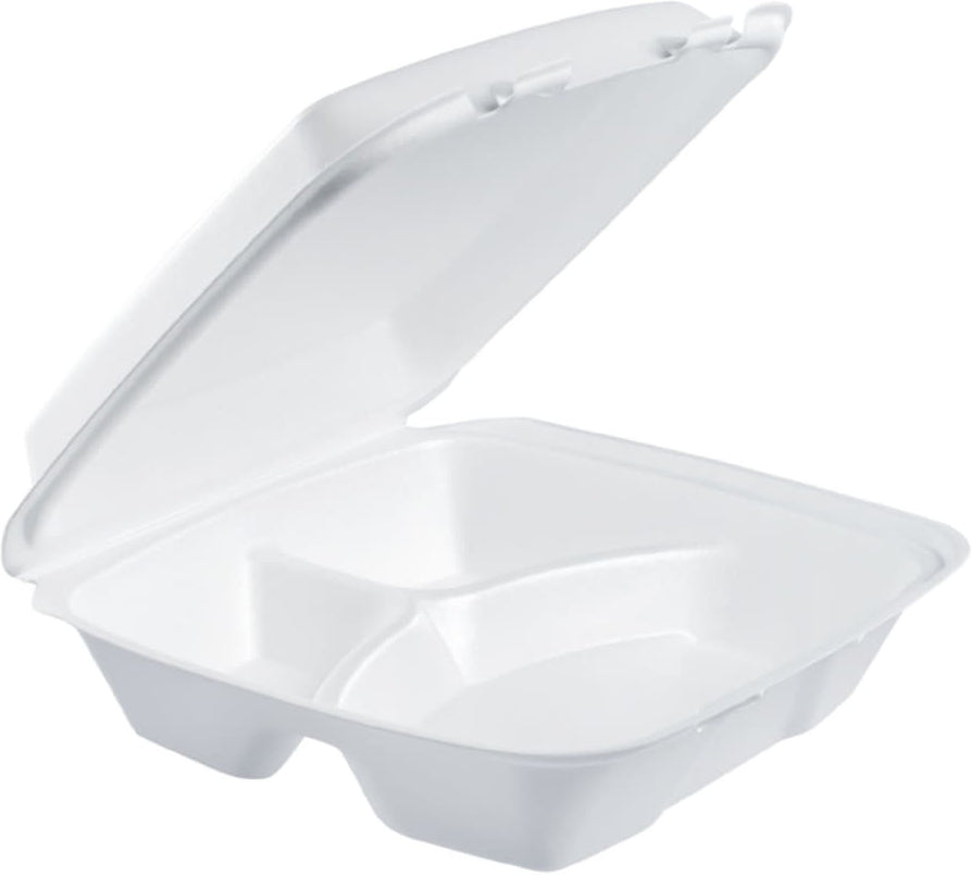 Dart Container - 9", 9.4" x 9" x 3" Insulated White 3 Compartment Foam Hinged Container, 200 Per Case - 90HT3R