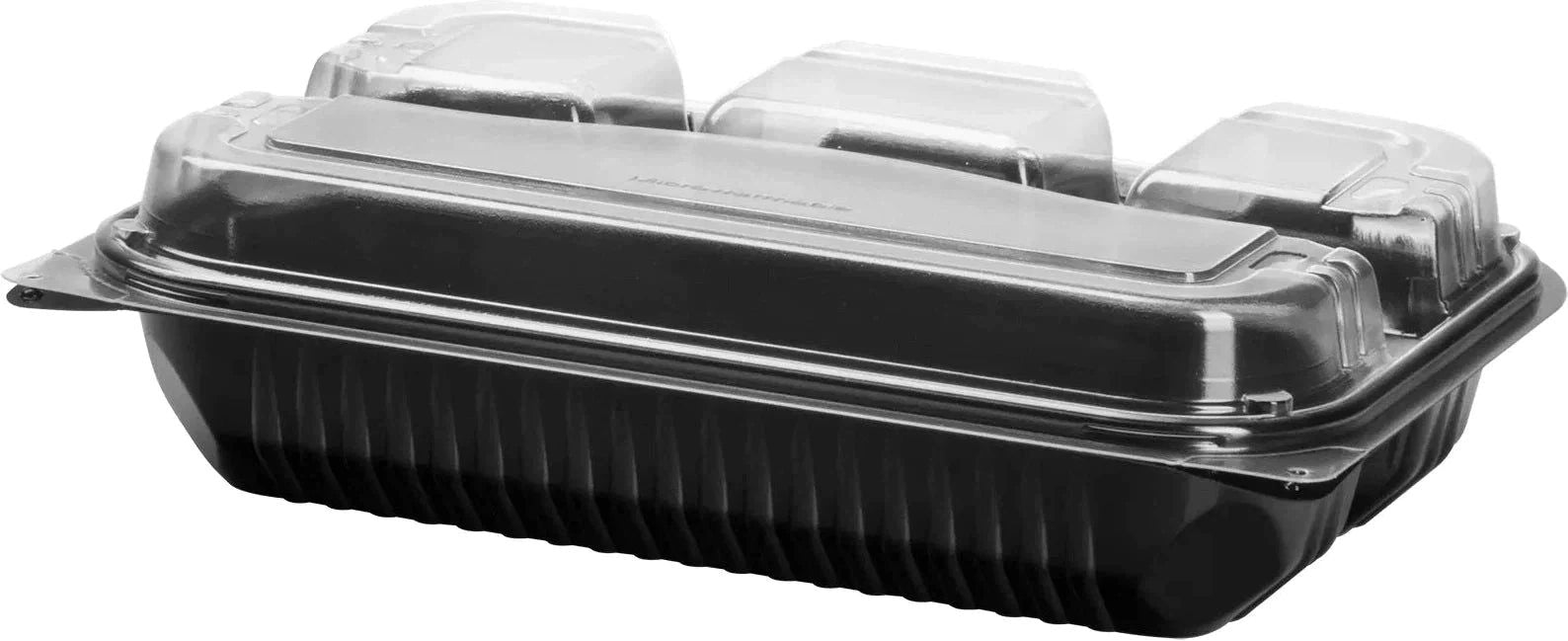 Dart Container - 11.5" x 8" MPS Plastic Black/Clear Hinged Lid 4-Compartment Dinner Box, 100/Cs - 919020-PM94