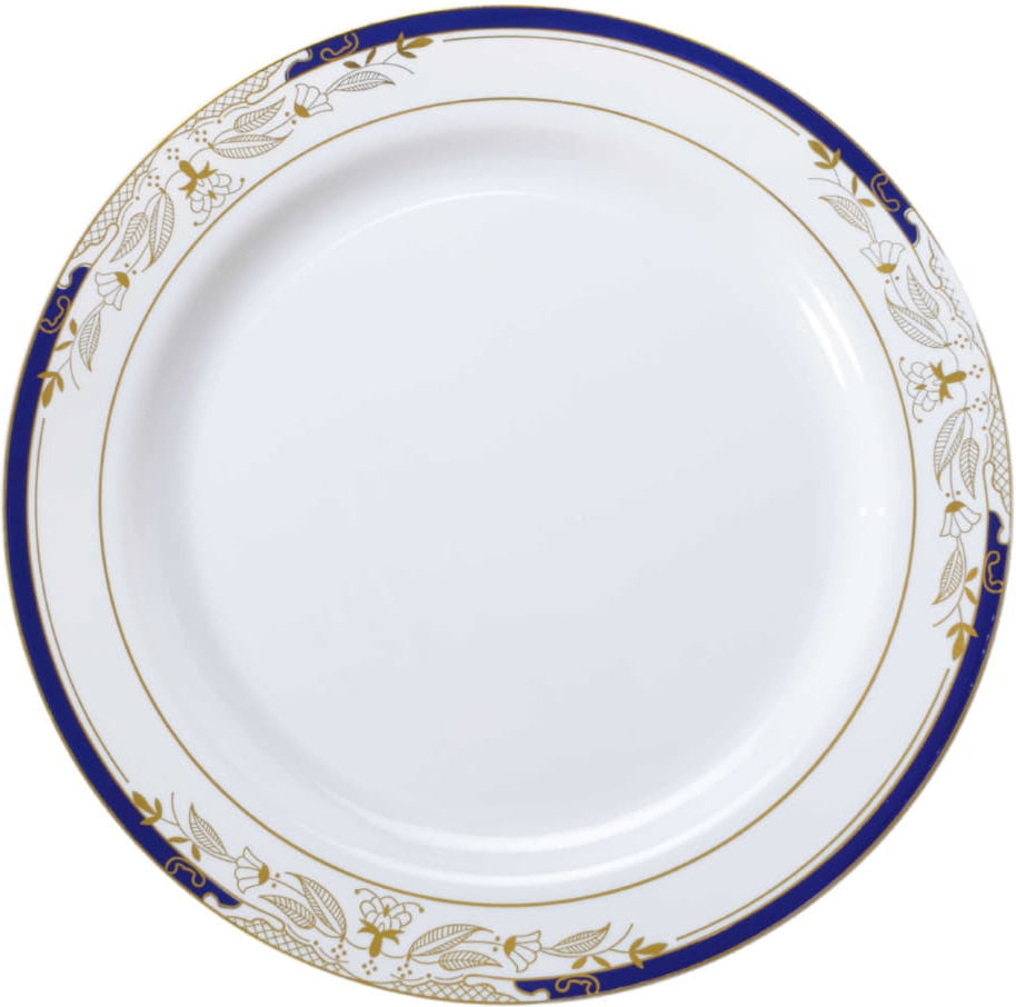 Fineline Settings - 10.25" Signature Blu White Plastic Plates With Blue And Golden Rim, 120 Per Case - 4910WHBG