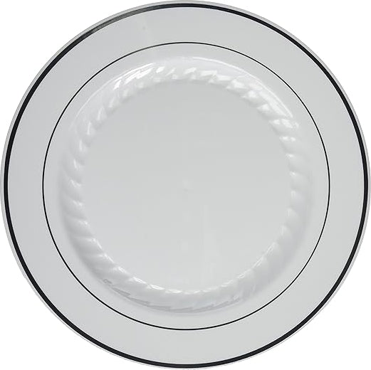 Fineline Settings - 10" White Plastic Round Plate With Silver Bands, 12 Per Pack - 510WH