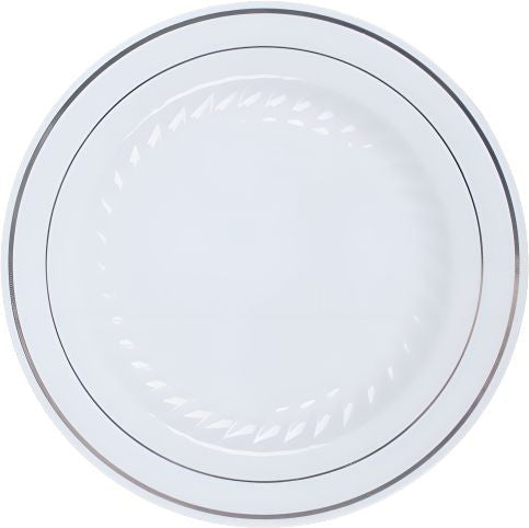 Fineline Settings - 7" White Plastic Round Plate With Silver Bands, 15 Per Pack - 507WH