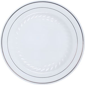 Fineline Settings - 7" White Plastic Round Plate With Silver Bands, 15 Per Pack - 507WH