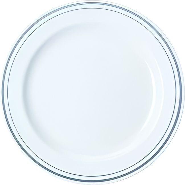 Sabert - 10.25" White Round Plate with Silver Decorative Rings, 144/cs - 10IMP144S