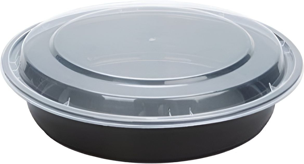 Kari-Out - 48 Oz Deep Round Black Plastic Containers with Lid Combo, 150/Cs - MT0940B