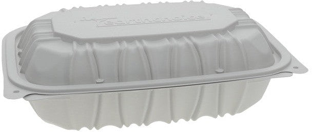 Pactiv Evergreen - 9 x 6 x 2.7" White, Vented MFPP Hinged Lid Container, 170/cs - YCNW0207