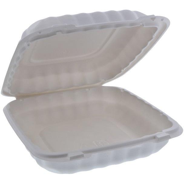 Pactiv Evergreen - 9 x 9 x 3" White, MFPP Hinged Lid Container, 120/cs - YCN809010000