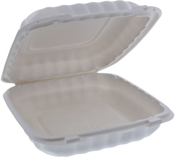 Pactiv Evergreen - 9 x 9 x 3" White, MFPP Hinged Lid Container, 120/cs - YCN809010000