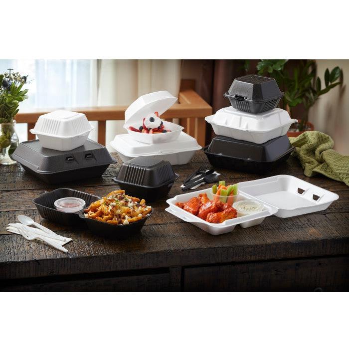 Pactiv Evergreen - 7.5" x 8" x 2.63", Foam Small SmartLock® 3-Compartment Hinged-Lid Takeout Container, White, 150 Per Case - YHLW07030000