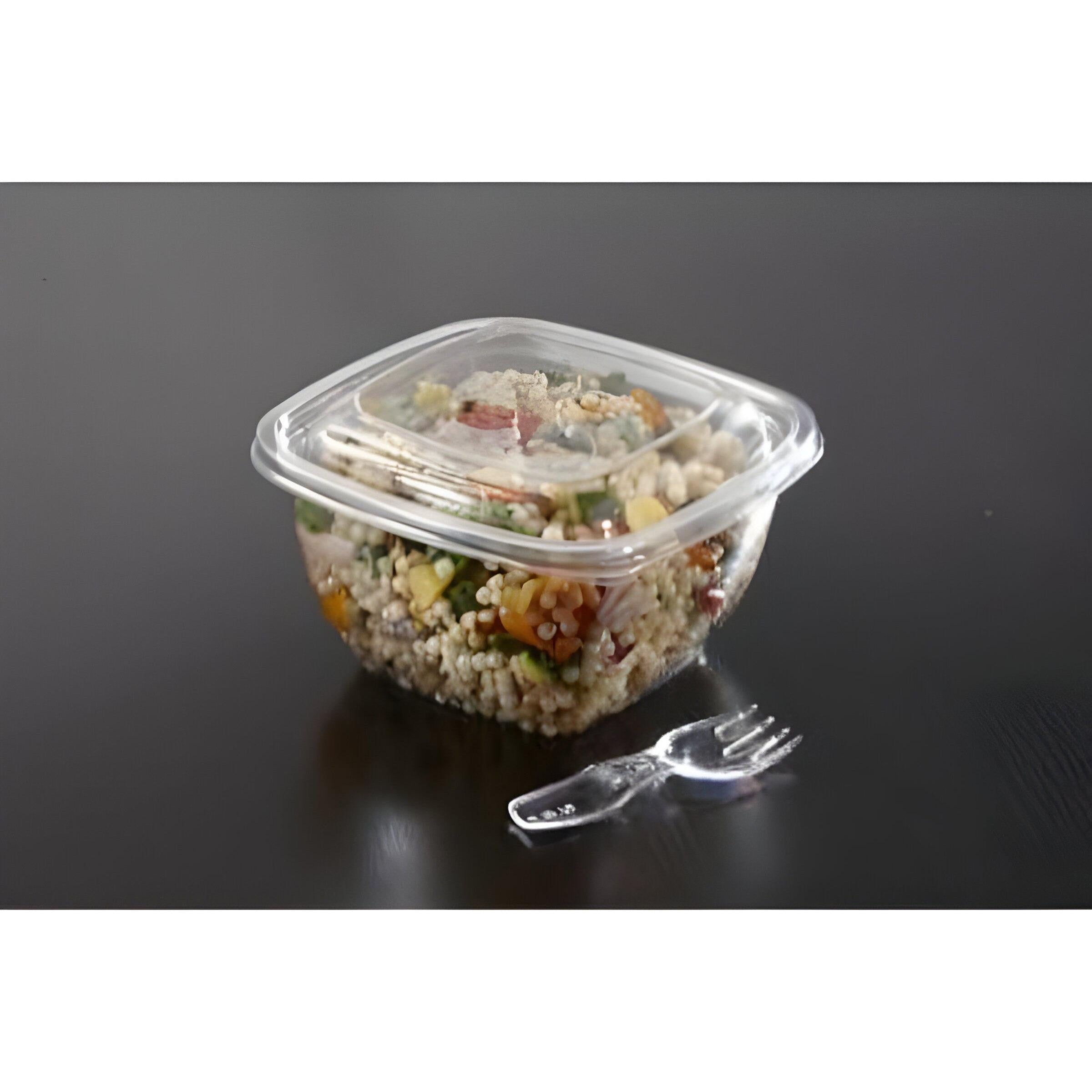 Sabert - 8 Oz Square Plastic Bowls with Lid and Spork Combo, 250/Cs - C15008B250UCL