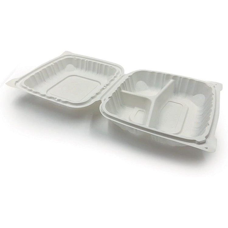 RitePak - 8" X 8" MFPP 3 Compartment White Hinged Microwavable Container, 150/Cs - PH803