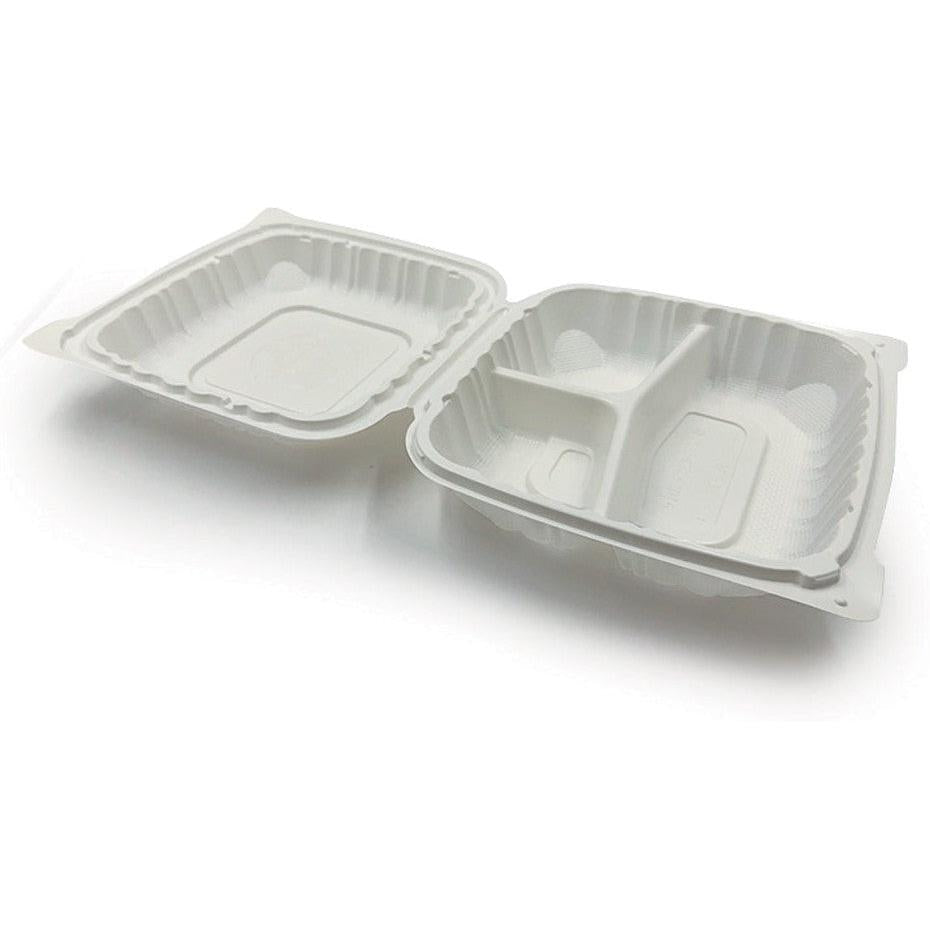 RitePak - 8" X 8" MFPP 3 Compartment White Hinged Microwavable Container, 150/Cs - PH803