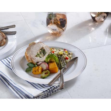 Sabert - 10.25" White Round Plate with Silver Decorative Rings, 144/cs - 10IMP144S