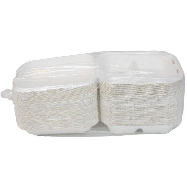 Pactiv Evergreen - 8" x 8" x 3" Earth Choice Bagasse Hinged Lid Takeout Container Natural 3 Compartment , 150/Cs - YMCH08030001