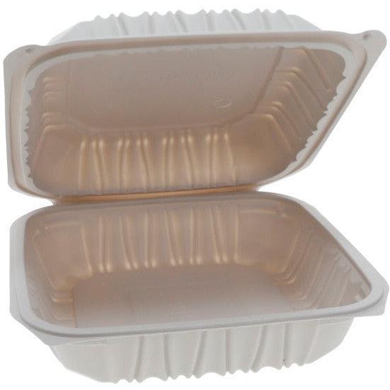 Pactiv Evergreen - 8.5 x 8.6 x 3.1" Vented MFPP Hinged Lid Container, White, 146 Count - YCNW0851