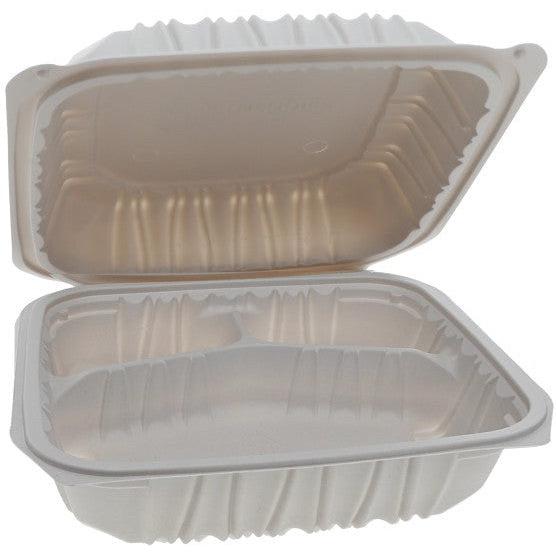 Pactiv Evergreen - 8.5 x 8.6 x 3.1" White, Vented 3-Compartment MFPP Hinged Lid Container, 146/cs - YCNW0853