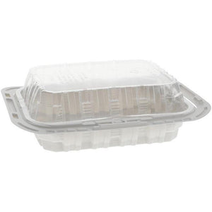 Pactiv Evergreen - White/Clear 9.5" x 8" x 3" 4 Piece MFPP Chicken Barn Container with Vented OPS Dome Lid, 100 Count - YCNC3004000W