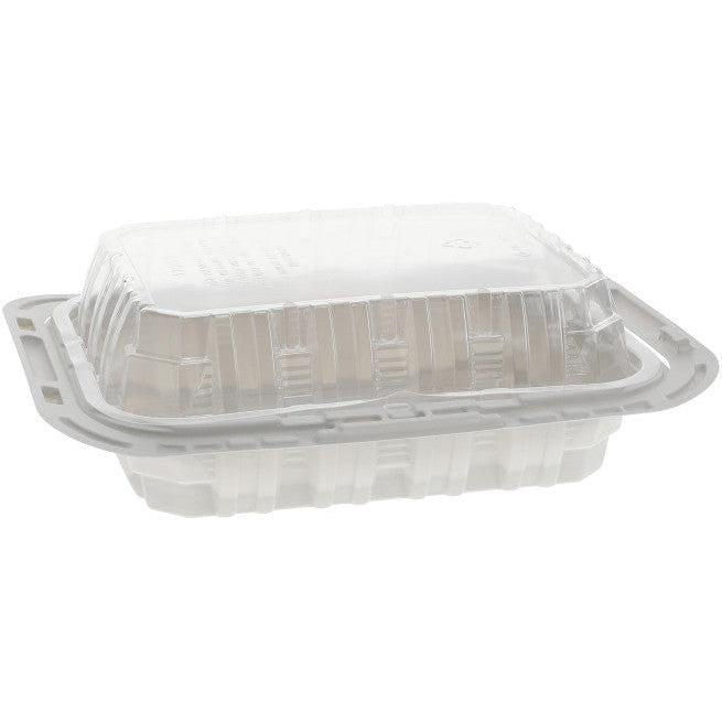 Pactiv Evergreen - White/Clear 9.5" x 8" x 3" 4 Piece MFPP Chicken Barn Container with Vented OPS Dome Lid, 100 Count - YCNC3004000W
