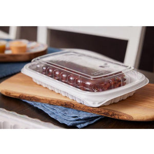 Pactiv Evergreen - 10" x 7.1" x 2.1" White/Clear Half Slab MFPP Rib Container with Vented OPS Dome Lid, 90 Count - 0CNC1070DZYW