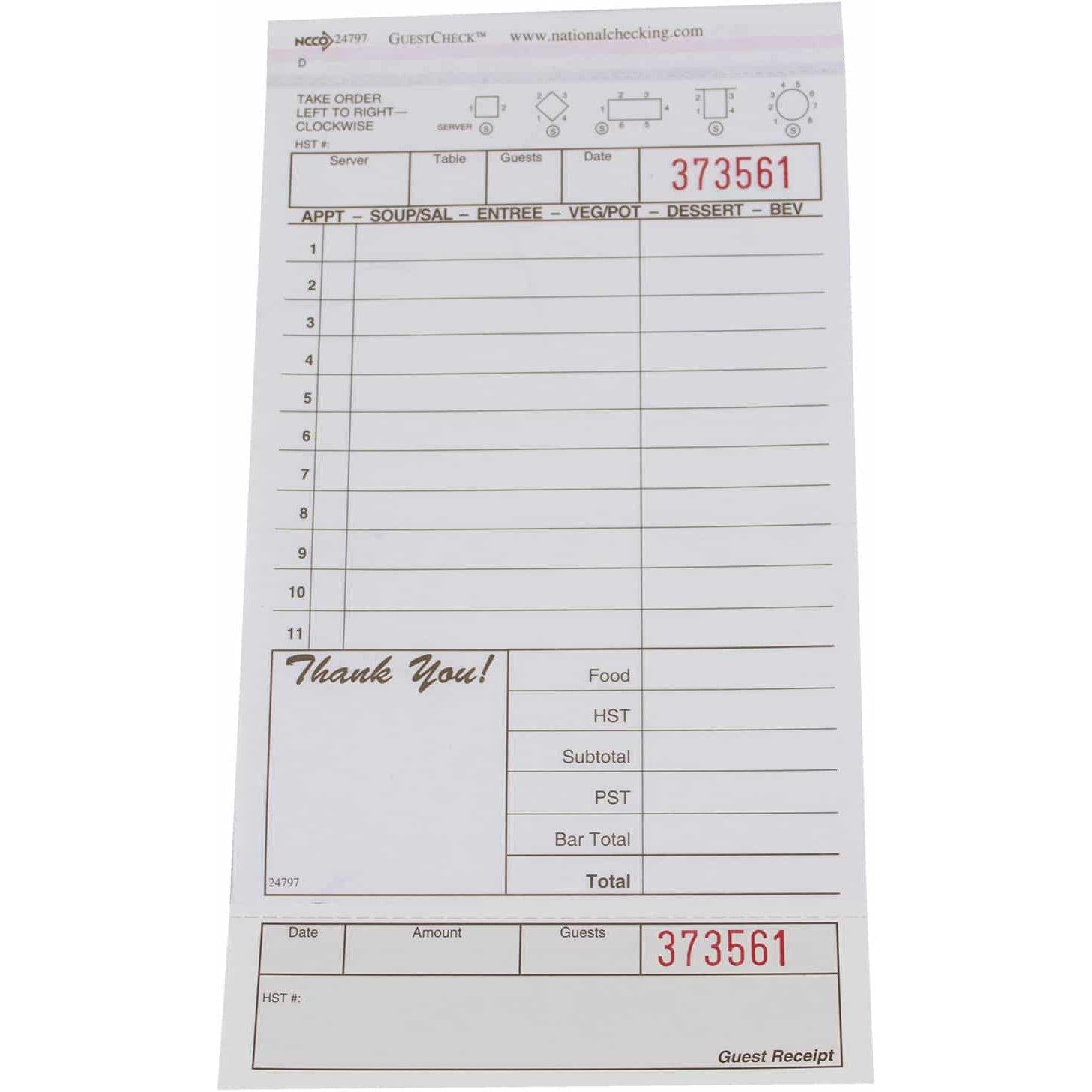 NCCO International - 4.25" x 7.75", Medium-Wide Two-Part Carbonless Canadian Guest Check, 250/Pk - 24797