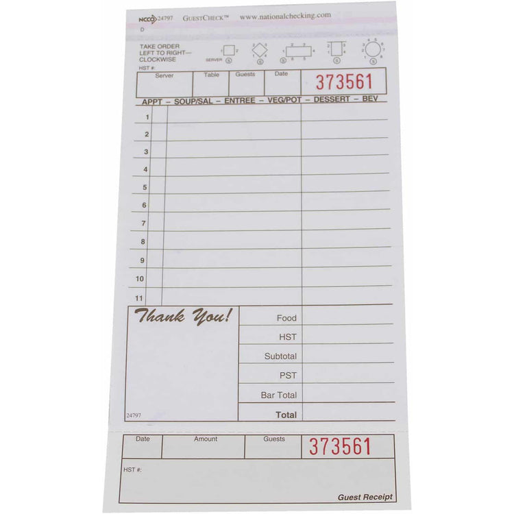 NCCO International - 4.25" x 7.75", Medium-Wide Two-Part Carbonless Canadian Guest Check, 250/Pk - 24797