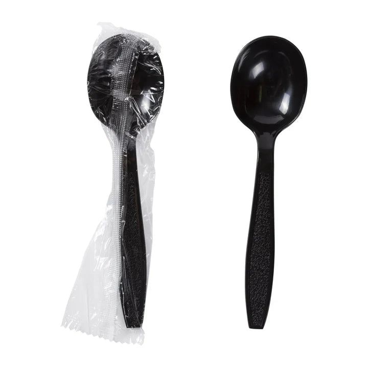 511 Foodservice - Polystyrene Black Heavy Weight Individually Wrapped Spoons, 1000/cs - 3102912