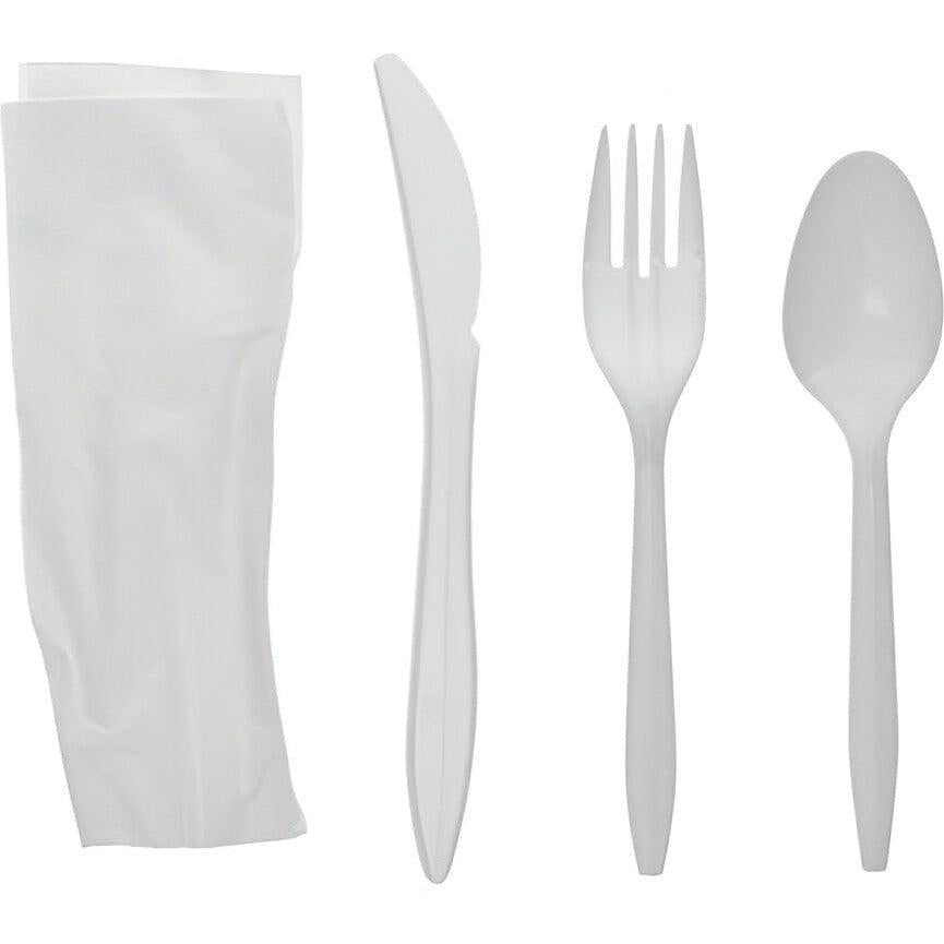 Pactiv Evergreen - Fieldware Medium Weight Wrapped White Plastic Cutlery Set (Fork, Spoon, Knife, Napkin), 250 Count - FKFSKWNCH